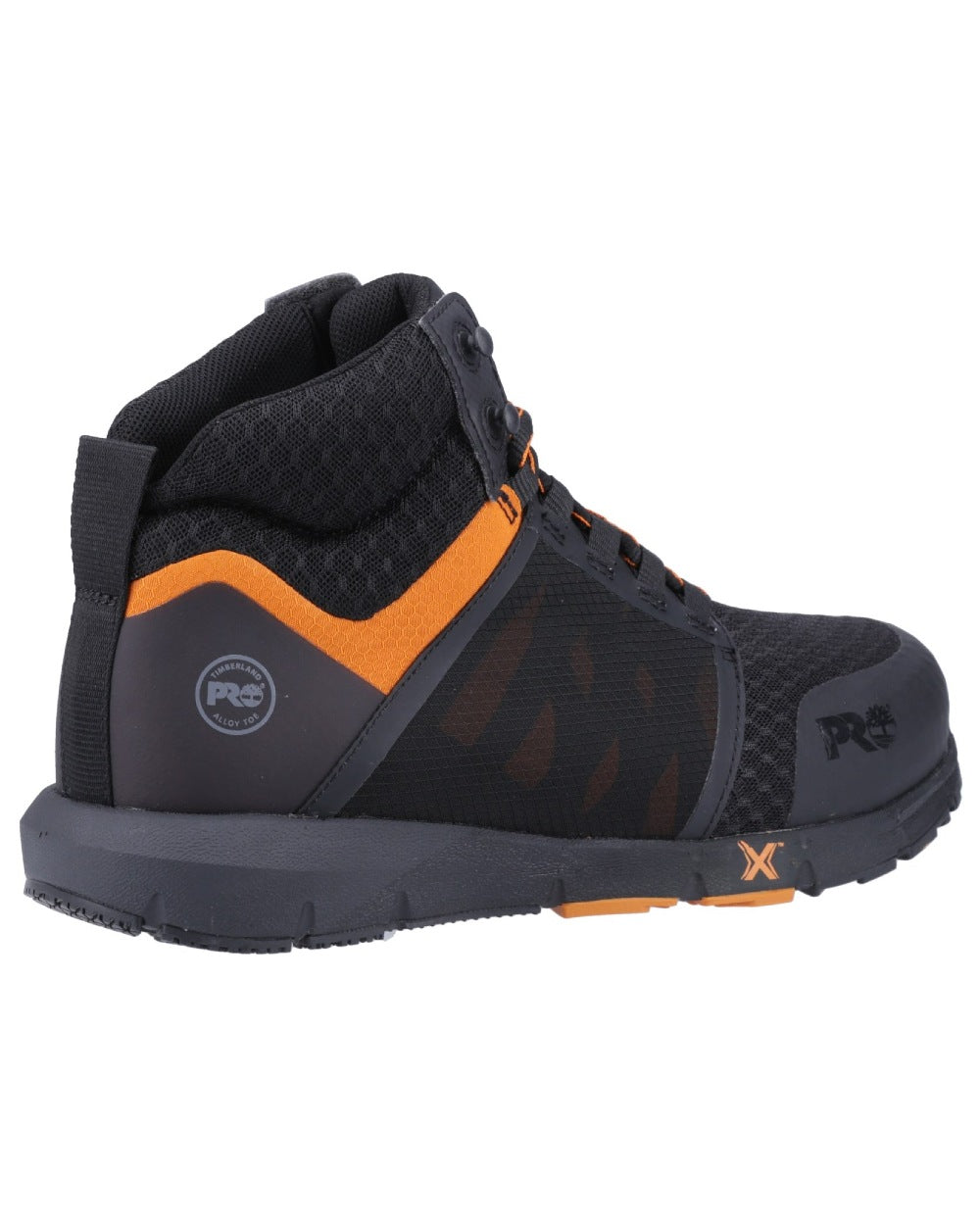 Black/Orange coloured Timberland Pro Radius Boots on white background 