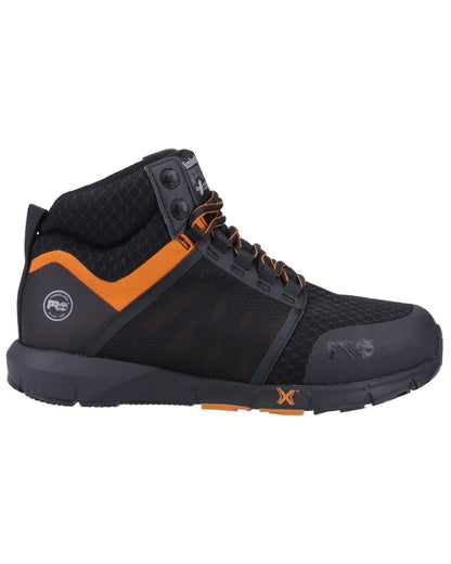 Black/Orange coloured Timberland Pro Radius Boots on white background 