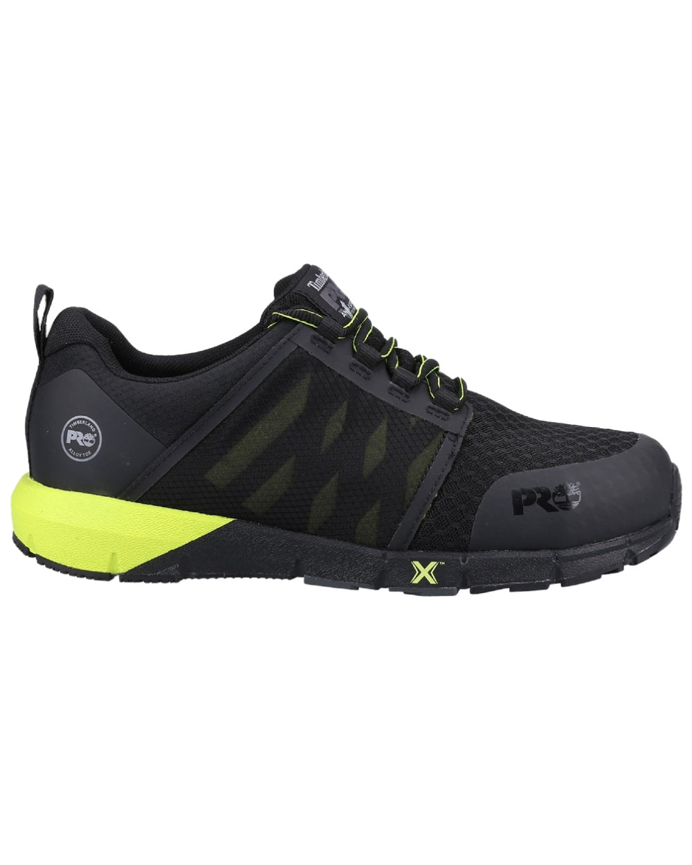 Black Hi-Viz Yellow coloured Timberland Pro Radius Trainers on white background 