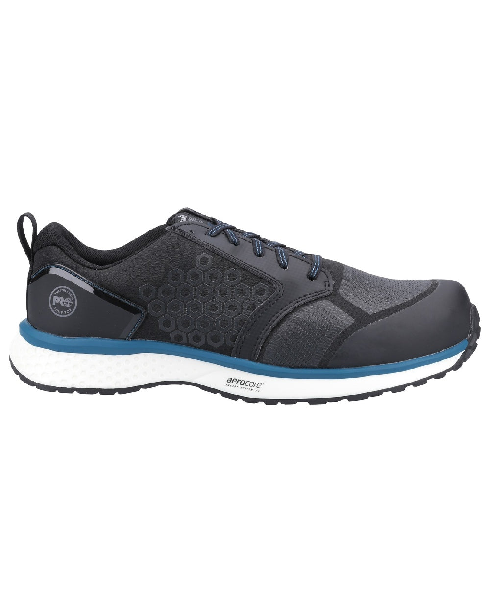 Black/Blue coloured Timberland Pro Reaxion Composite Safety Trainers on white background 