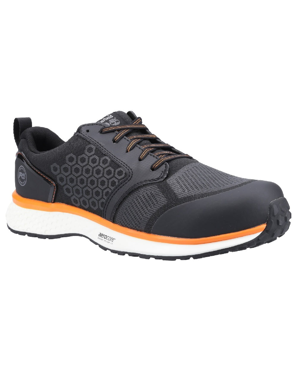 Black/Orange coloured Timberland Pro Reaxion Composite Safety Trainers on white background 