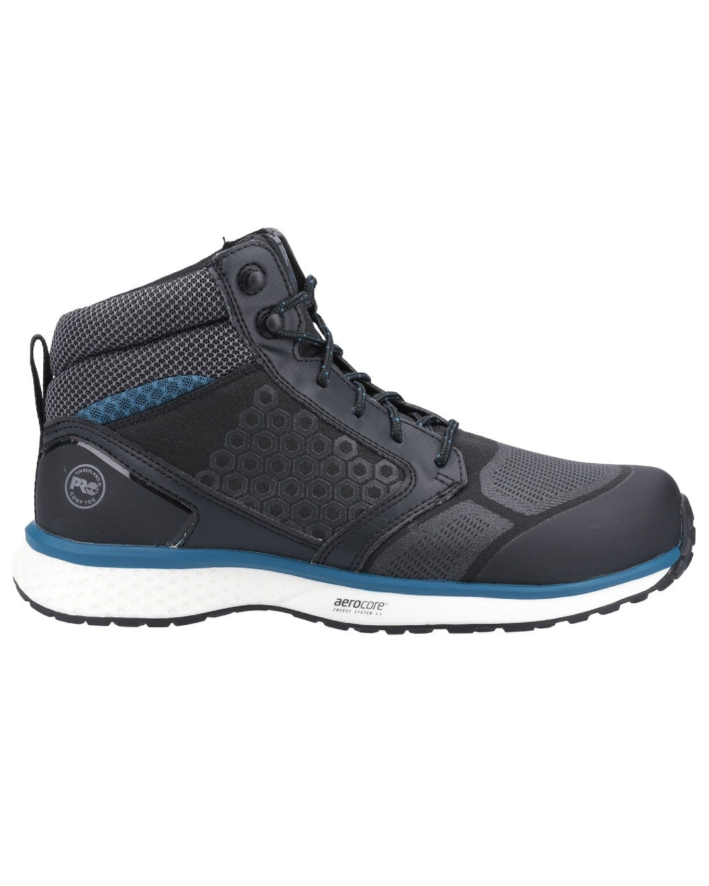 Black/Blue coloured Timberland Pro Reaxion Mid Composite Safety Boots on white background 