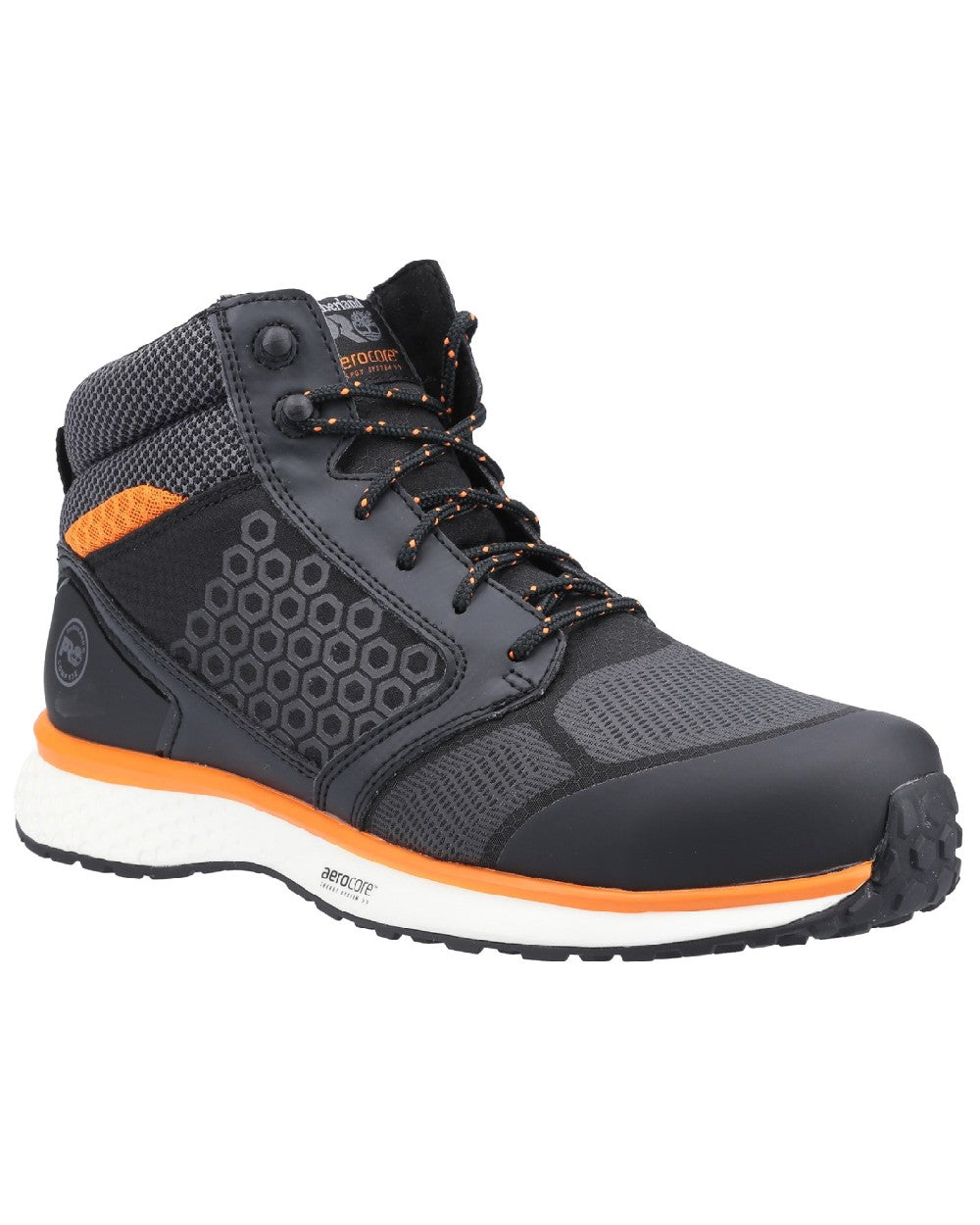 Black/Orange coloured Timberland Pro Reaxion Mid Composite Safety Boots on white background 