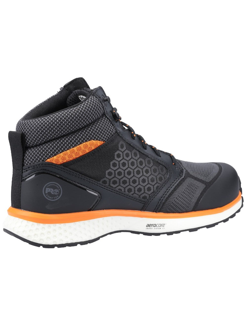 Black/Orange coloured Timberland Pro Reaxion Mid Composite Safety Boots on white background 