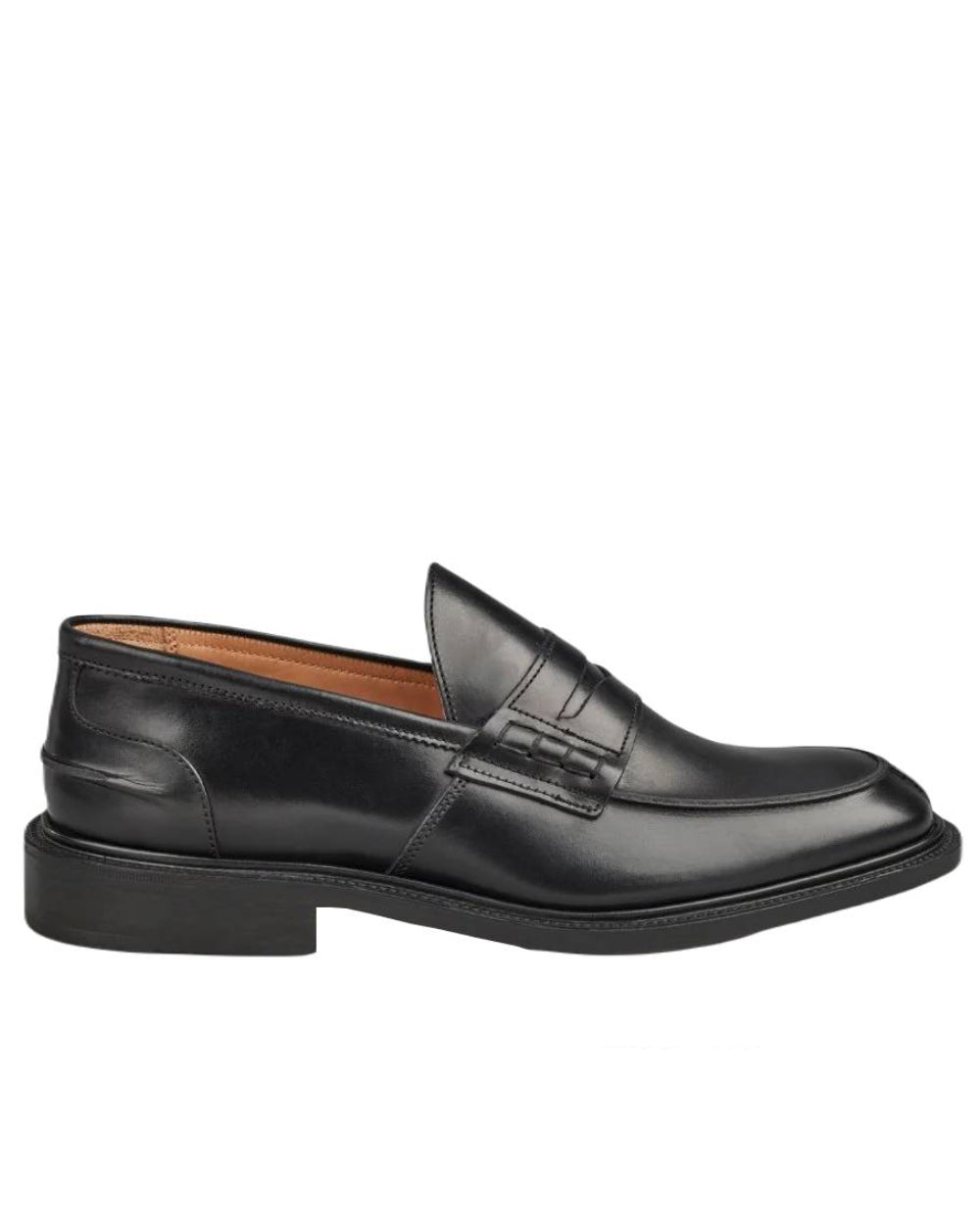 Black Coloured Trickers James Leather Sole Penny Loafer On A White Background 