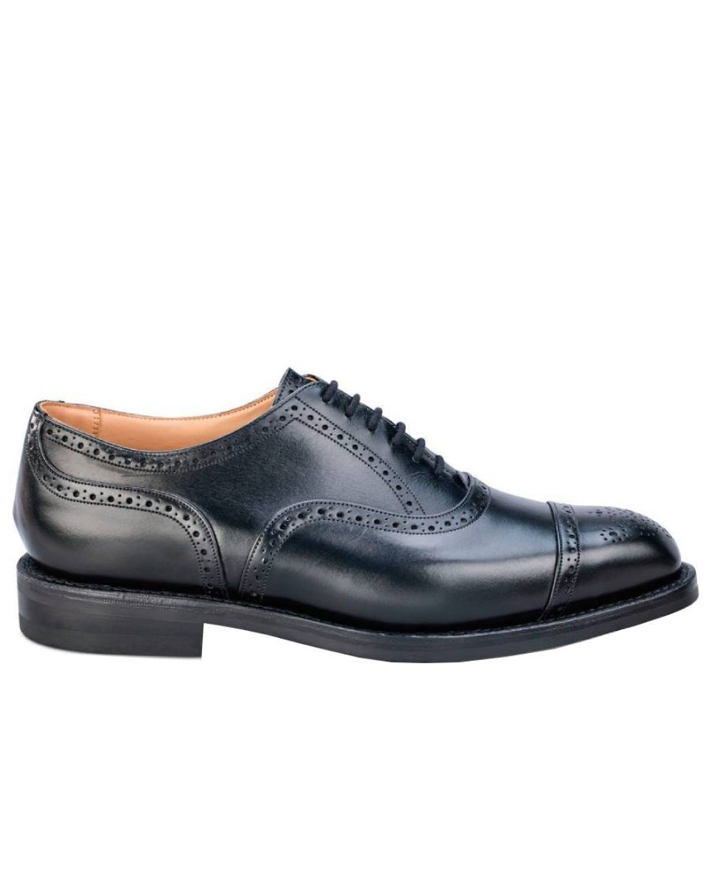 Black Coloured Trickers Kensington Leather Sole Toecap Oxford City Shoe On A White Background 