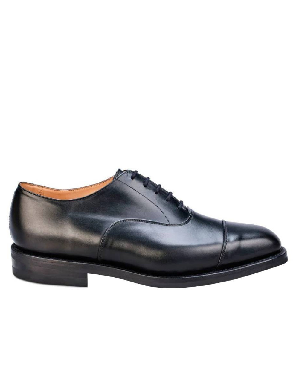 Black Coloured Trickers Regent Plain Toecap Oxford City Shoe On A White Background 