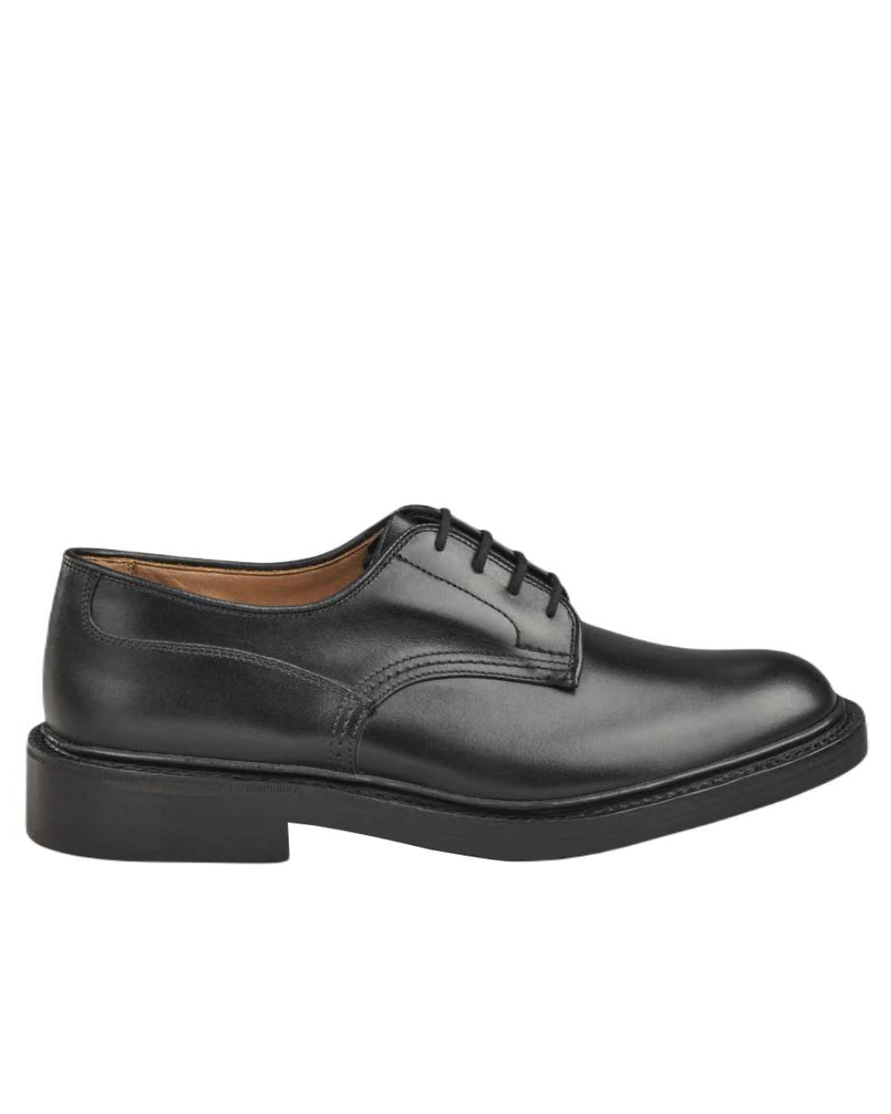 Black Calf Coloured Trickers Woodstock Plain Derby Shoe Dainite Sole On A White Background 