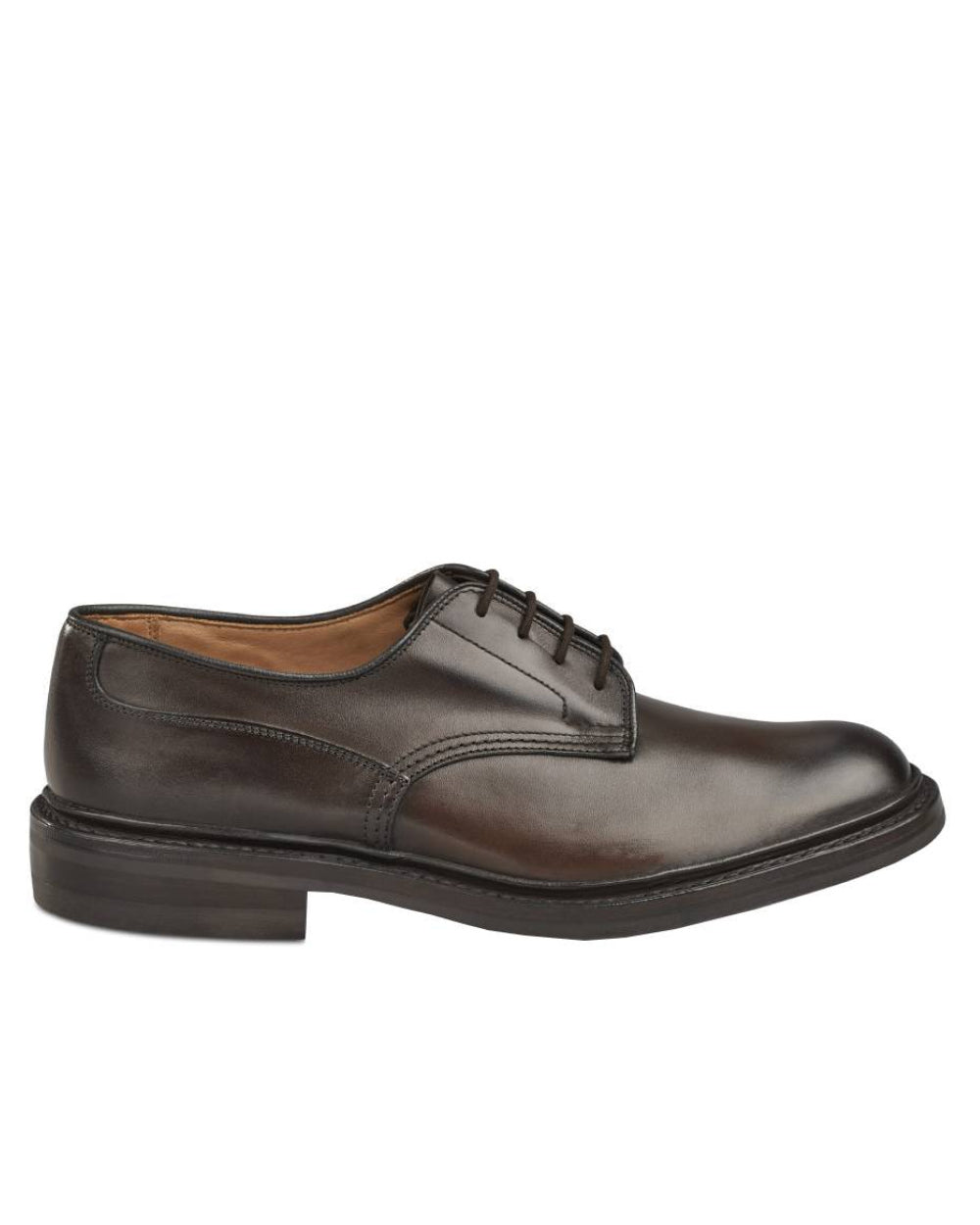 Espresso Burnished Coloured Trickers Woodstock Plain Derby Shoe Dainite Sole On A White Background 