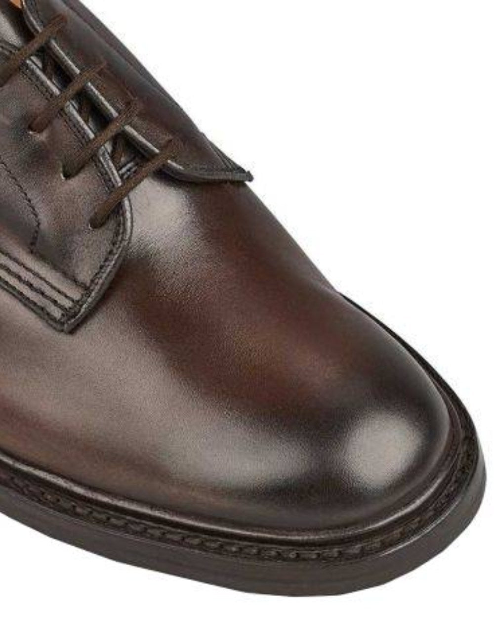 Espresso Burnished Coloured Trickers Woodstock Plain Derby Shoe Dainite Sole On A White Background 