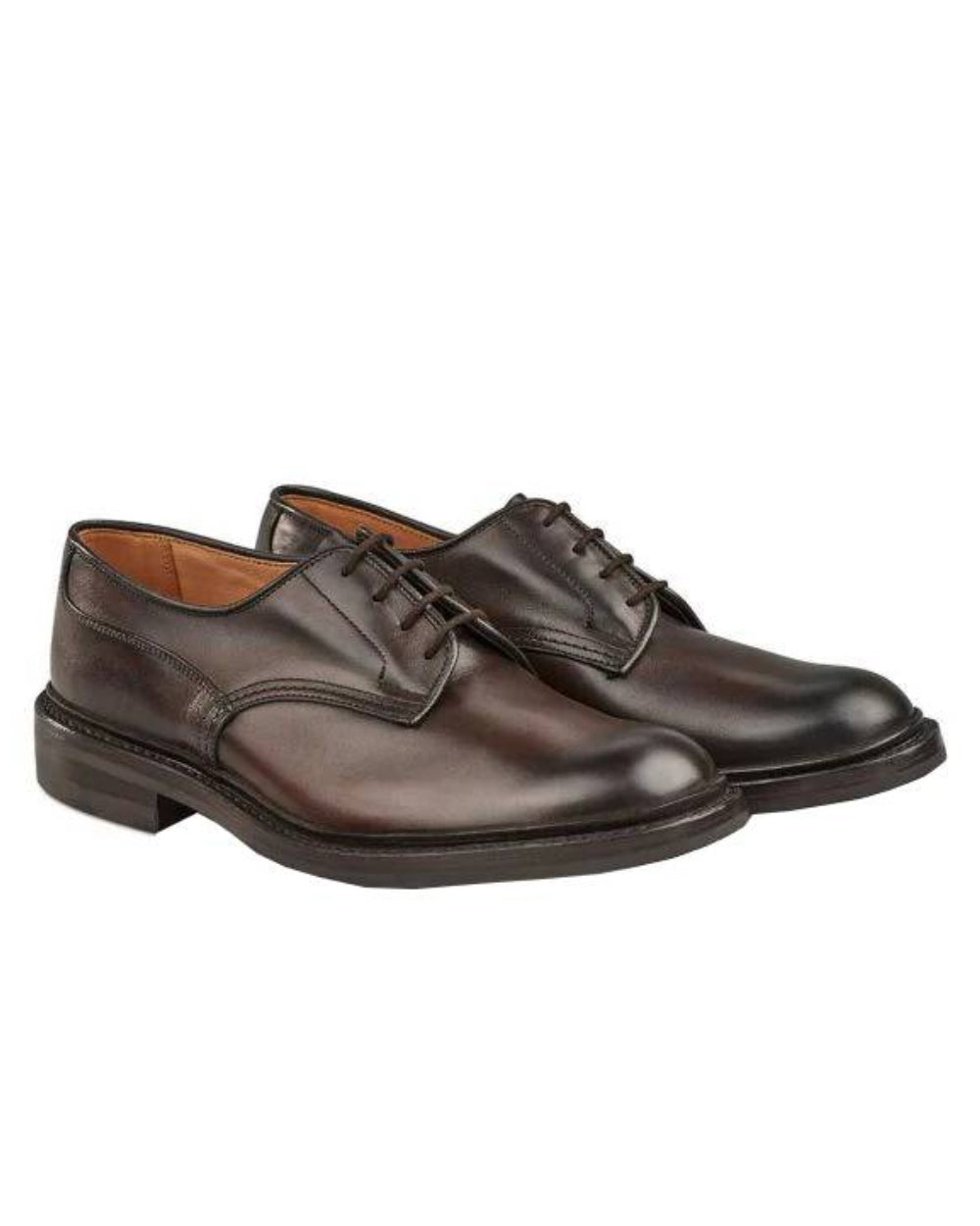 Espresso Burnished Coloured Trickers Woodstock Plain Derby Shoe Dainite Sole On A White Background 