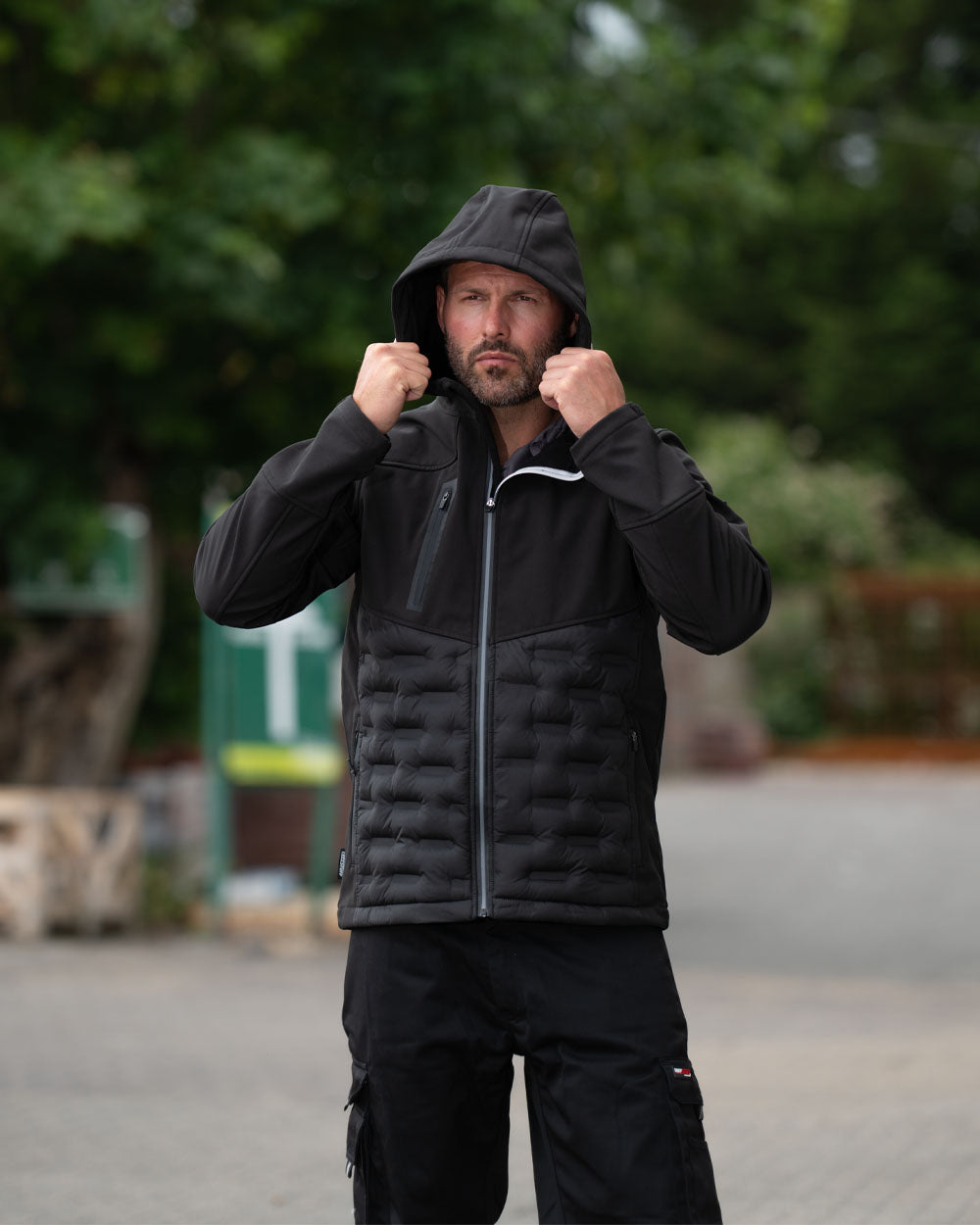 Black Coloured Tuffstuff Mens Stratford Softshell Jacket on Urban background 