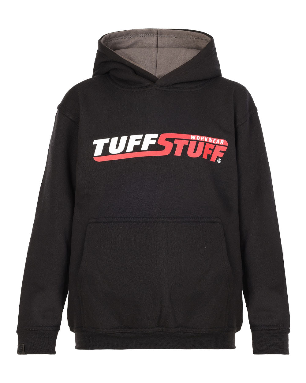 Black coloured TuffStuff Childrens Logo Hoodie on White Background 