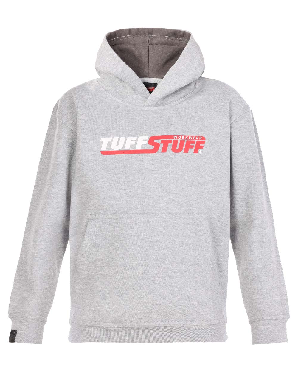 Grey coloured TuffStuff Childrens Logo Hoodie on White Background 