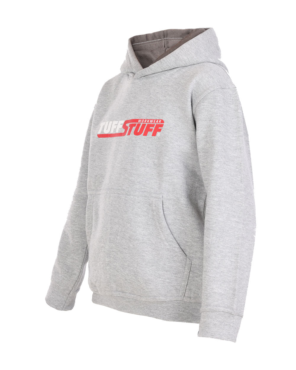 Grey coloured TuffStuff Childrens Logo Hoodie on White Background 