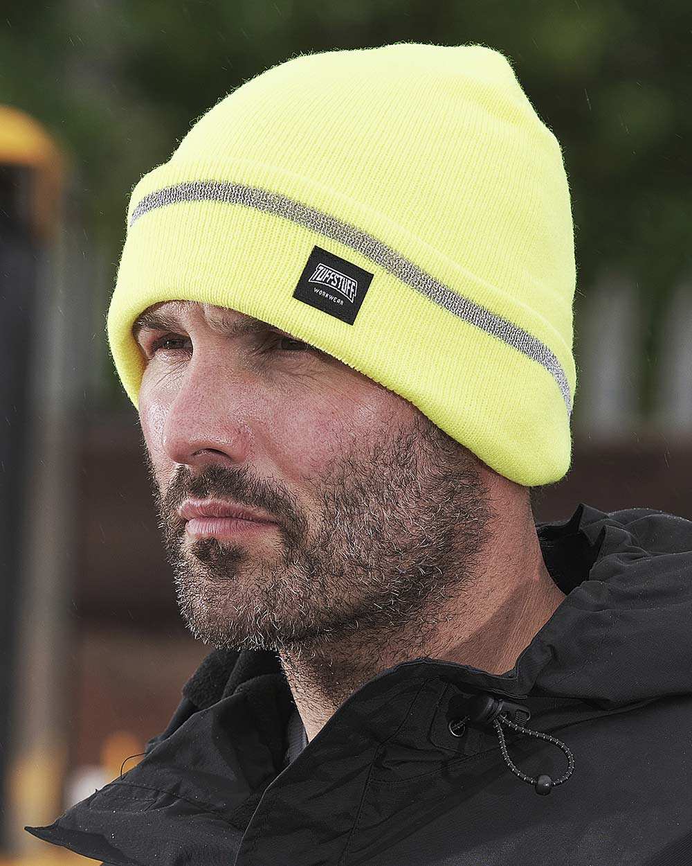 Yellow Coloured TuffStuff Reflective Thinsulate Beanie On A Warehouse Background