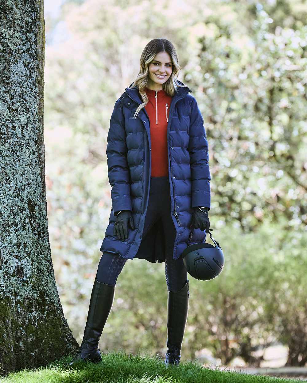 Navy Iris Coloured WeatherBeeta Helsinki Heat Seal Quilted Jacket On A Forest Background