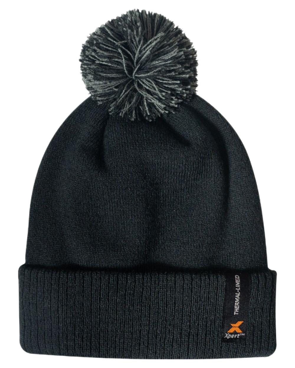 Black Coloured Xpert Core Thermal Lined Pom Pom beanies on White Background
