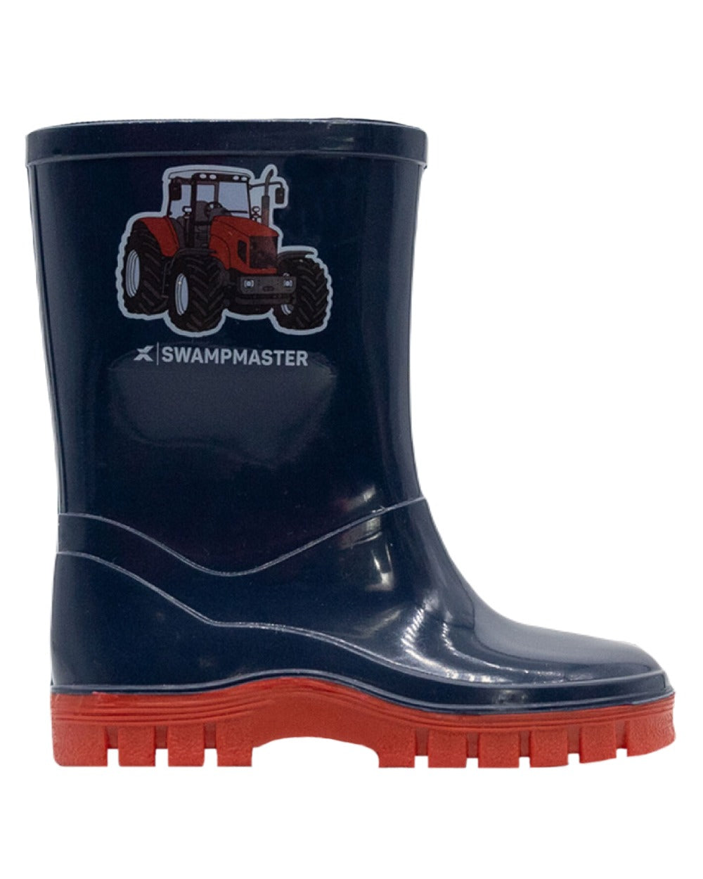 Navy Red Coloured Xpert Childrens Swampmaster Tractor Wellingtons on White Background
