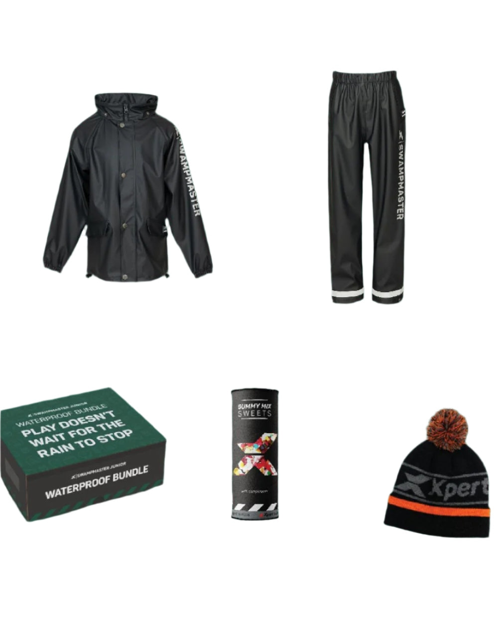 Black Coloured Xpert Kids Swampmaster Stormgear Junior Gift Bundle GGS 2024 on Green Background

