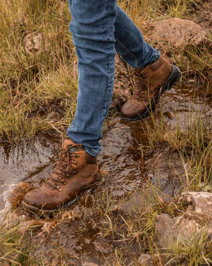 Brown Coloured Xpert Mens Heritage Explorer Waterproof Hiking Boots on Outdoor Background
