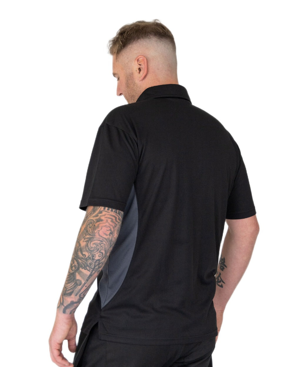 Black Grey Coloured Xpert Mens Pro Stretch Polo Shirt on White Background
