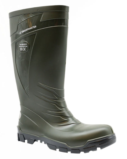 Green Coloured Xpert Mens Swampmaster Titan S5 Safety PVC Wellingtons on White Background
