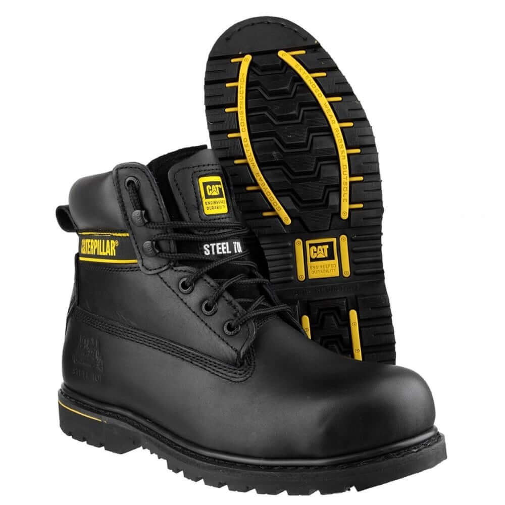 Black and gold CAT Holton Steel Toe S3 Leather Lace Up Work Boot 