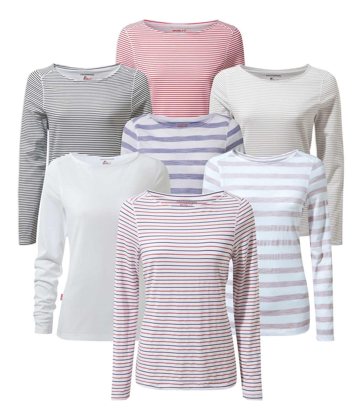 Craghoppers NosiLife Erin Ladies L/S Top | Soft Grey Marl Stripe, Rio Red Stripe, Paradise Blue Stripe, Blue Navy Stripe, Optic White, Brushed Lilac Stripe