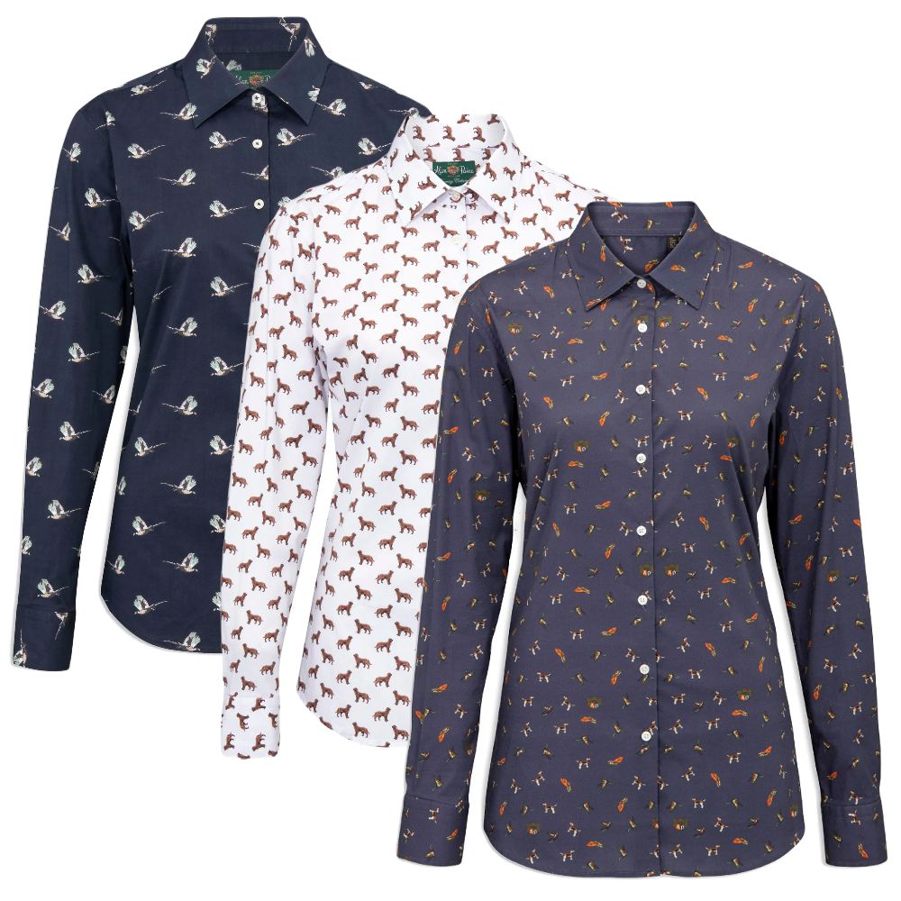 Alan Paine Ladies Lawen Printed Shirt in Blue Pheasant, Navy Print and Dog Print