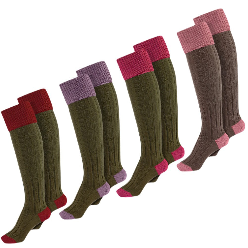 Alan Paine Ladies Shooting Socks in Lilac &amp; Olive, Red &amp; Olive, Coral &amp; Teak and Pink &amp; Olive