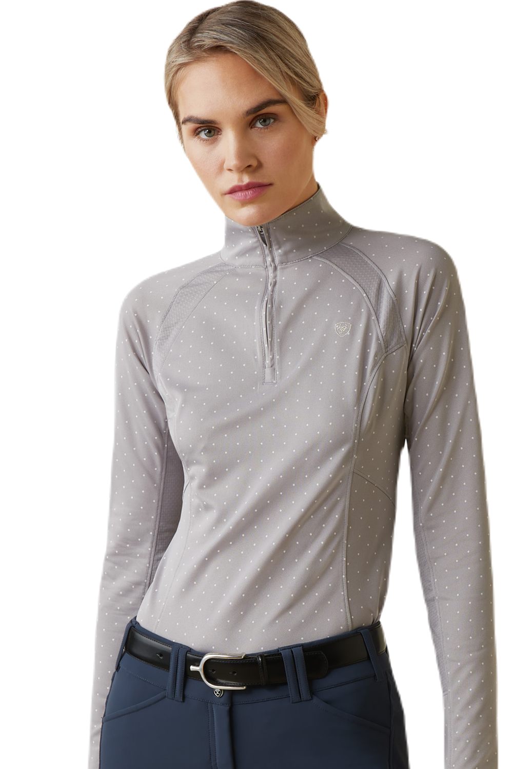 Ariat Womens Sunstopper 2.0 Quarter Zip Baselayer In Silver Sconce Dot 