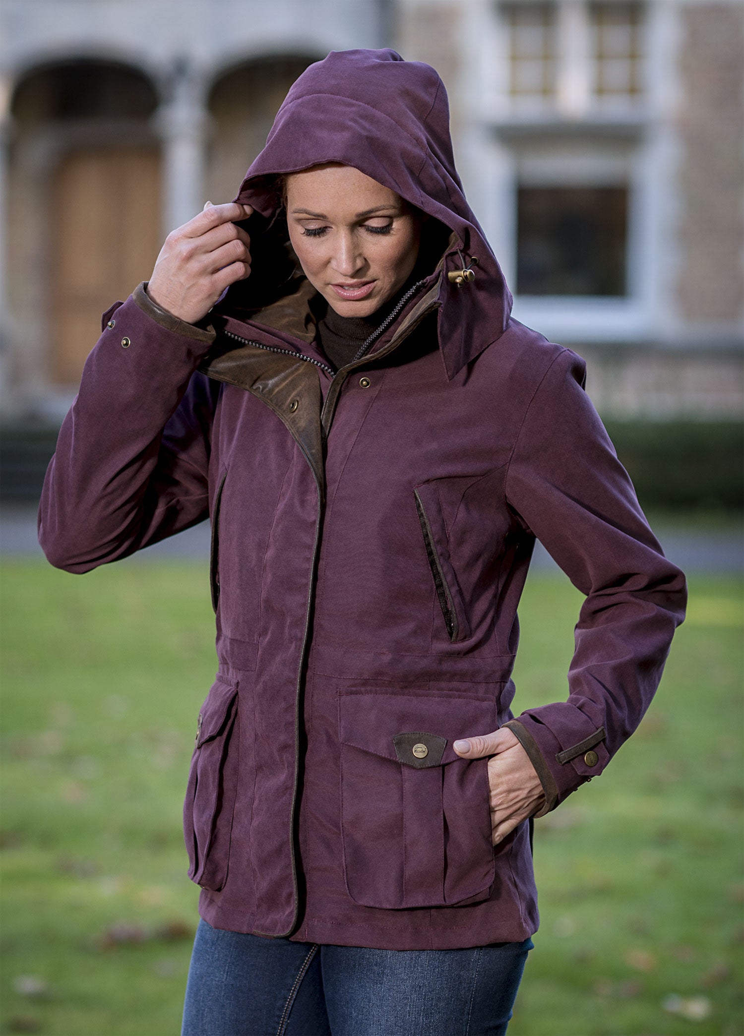 Hood up Ascot Ladies Waterproof Jacket by Baleno  