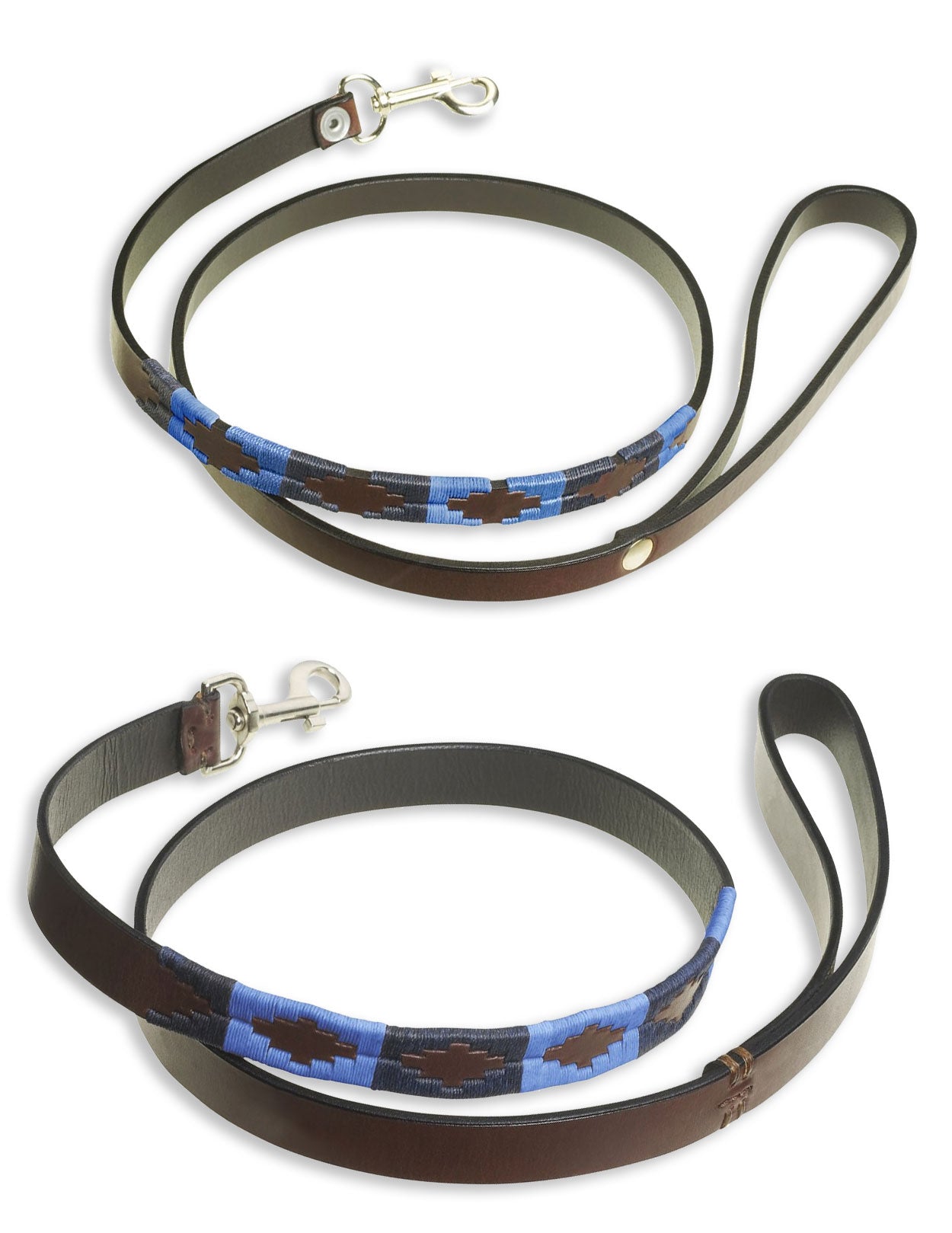 Pampeano Azules Leather Dog Lead | Sky blue, Navy, Rich Brown Leather 