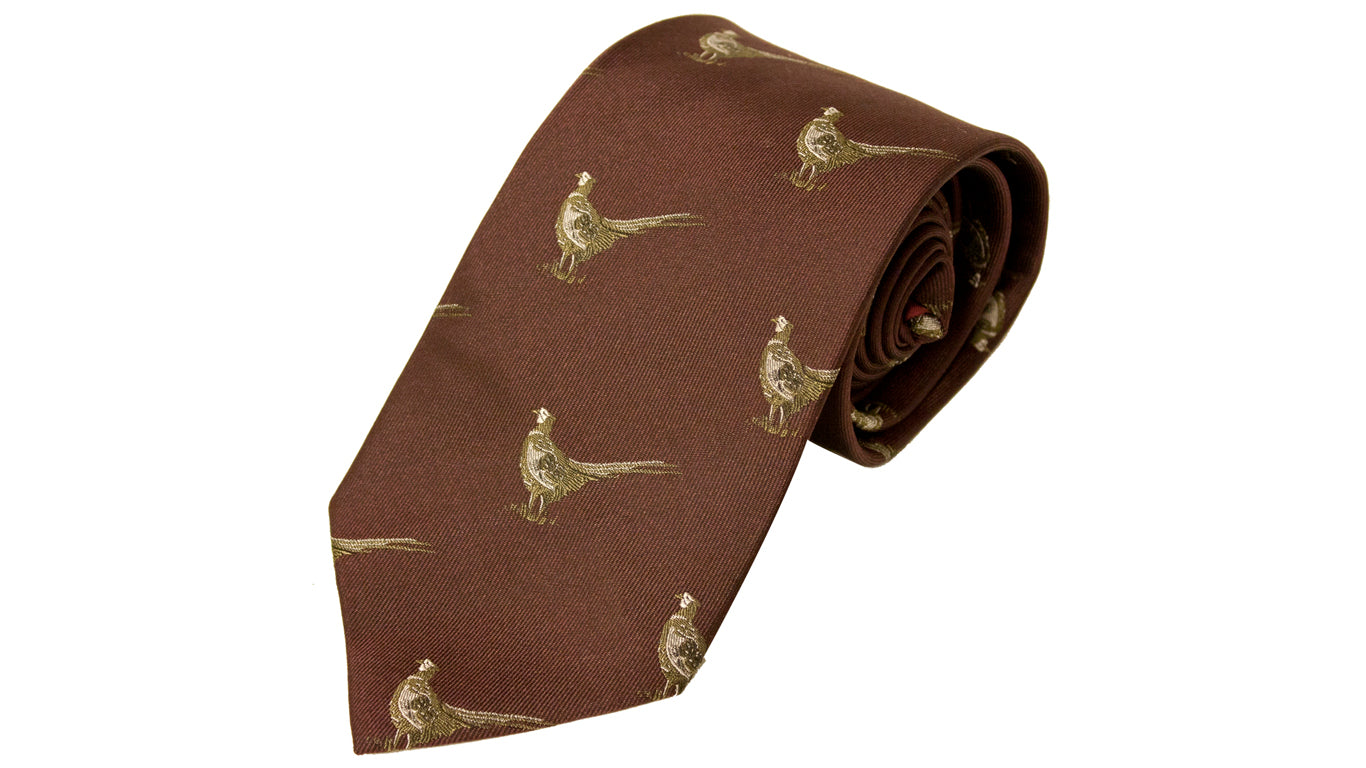 Bisley Silk Tie in No. 16 Burgundy Pheasants