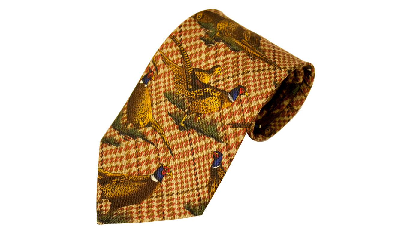 Bisley Silk Tie in No. 26 Brown Large Pheasants