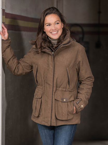 Chocolate Ascot Ladies Waterproof Jacket by Baleno  in a stable 