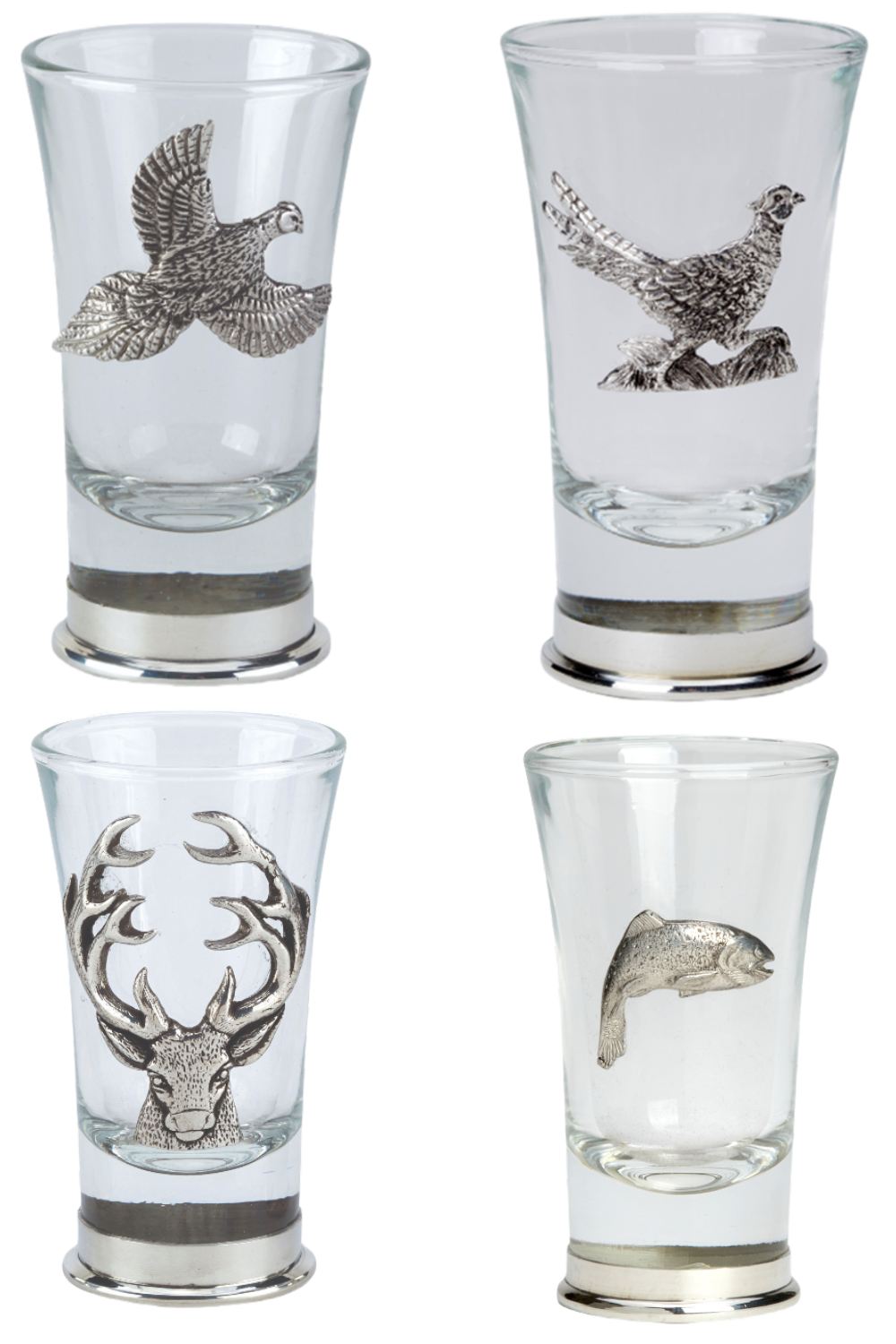 Bisley Shot Glasses In Flying Pheasant, Running Pheasant, Stag and Trout 