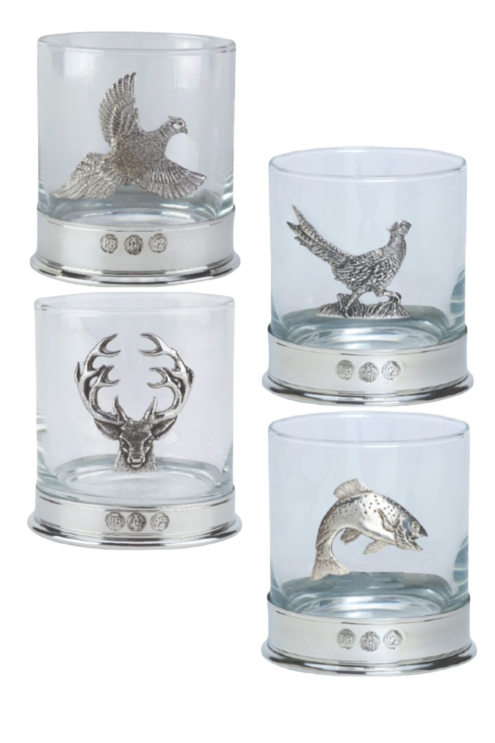 Bisley Whisky Glasses In Flying Pheasant, Running Pheasant, Stag and Trout