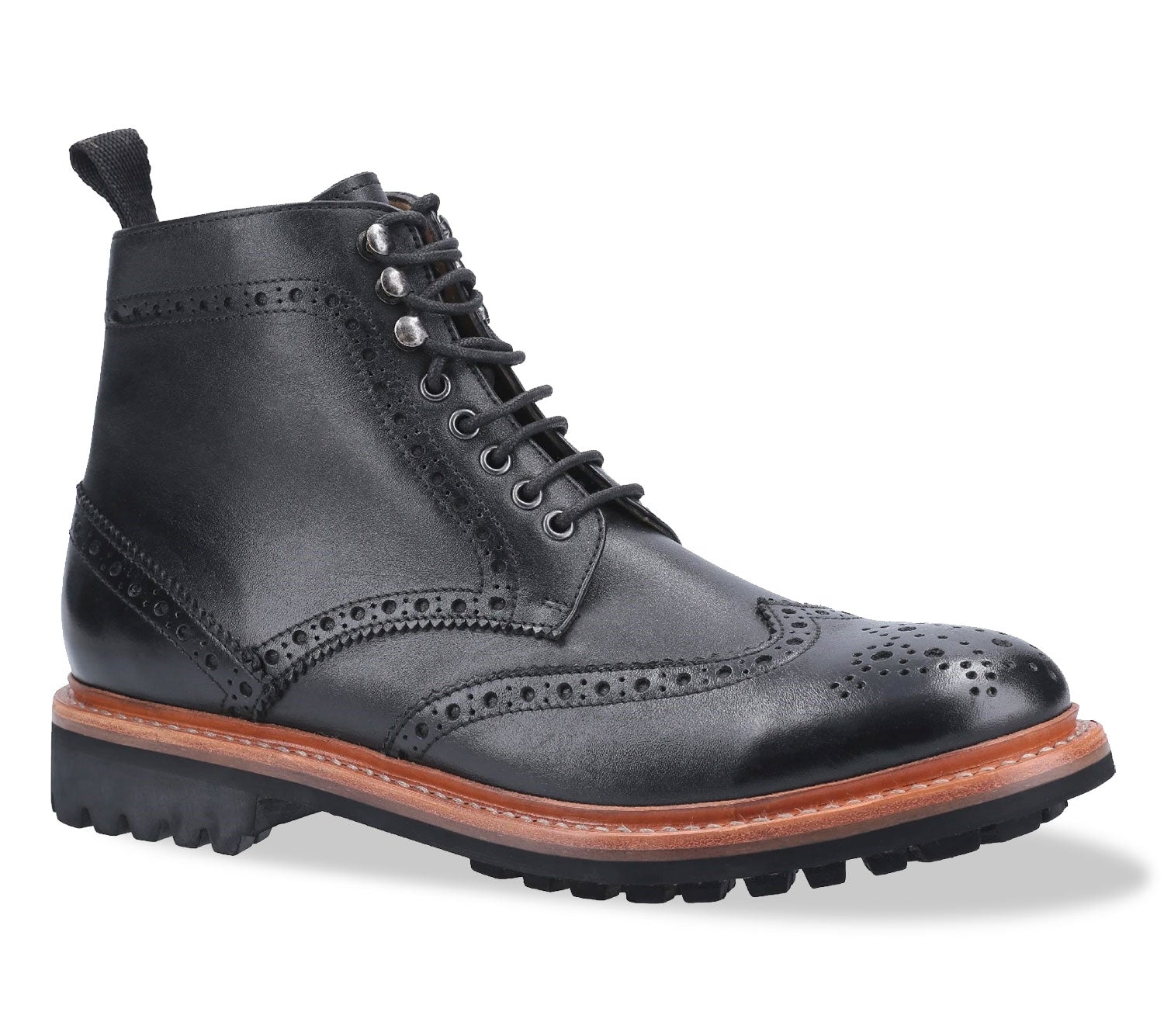 Black Rissington Goodyear Welt Commando Brogue Lace Up Derby Boot 