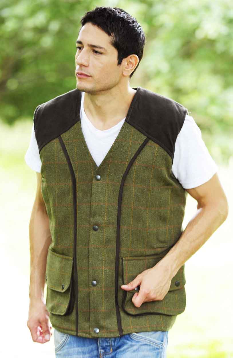 Dark Tweed With Check Bronte Derby Tweed Field Waistcoat on tree background 