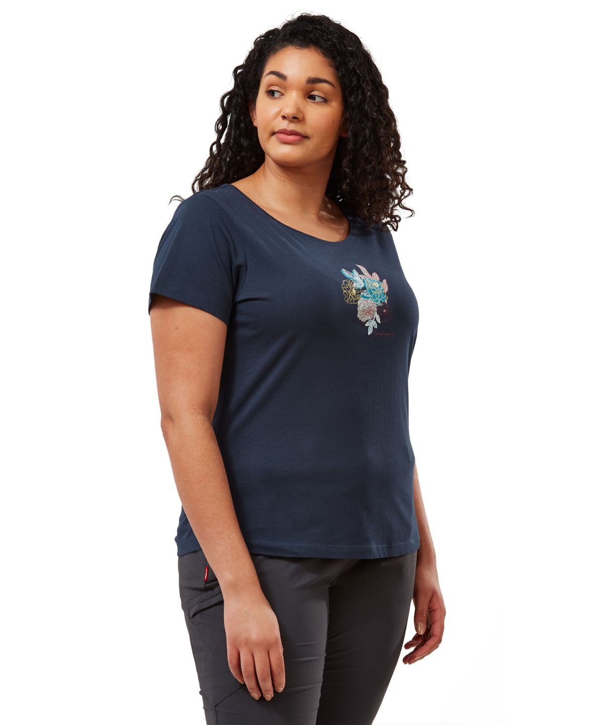 Blue Navy Floral Craghoppers Miri Short Sleeve T-Shirt on white background 