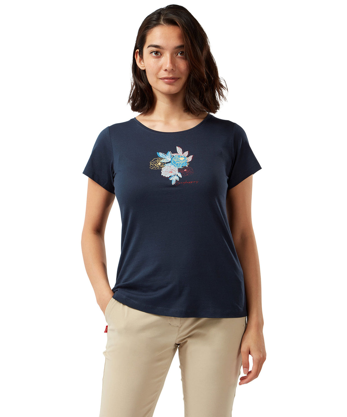 Blue Navy Floral Craghoppers Miri Short Sleeve T-Shirt on white background 