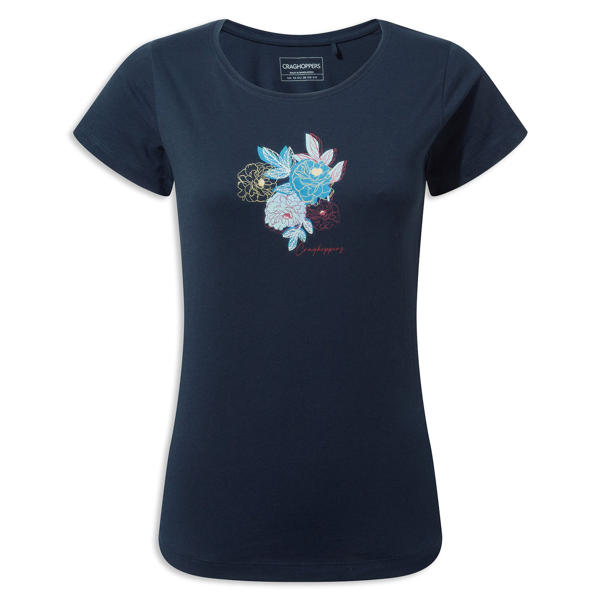 Blue Navy Floral Craghoppers Miri Short Sleeve T-Shirt on white background 