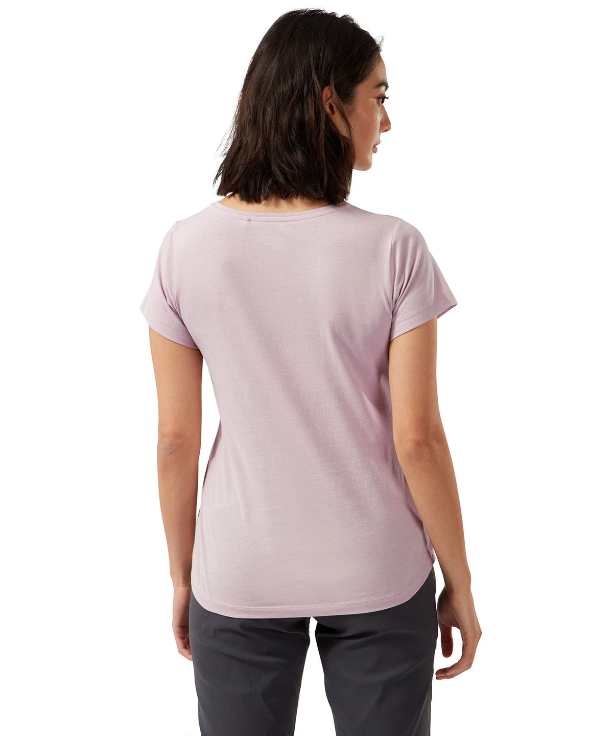 Brushed Lilac Floral Craghoppers Miri Short Sleeve T-Shirt on white background 