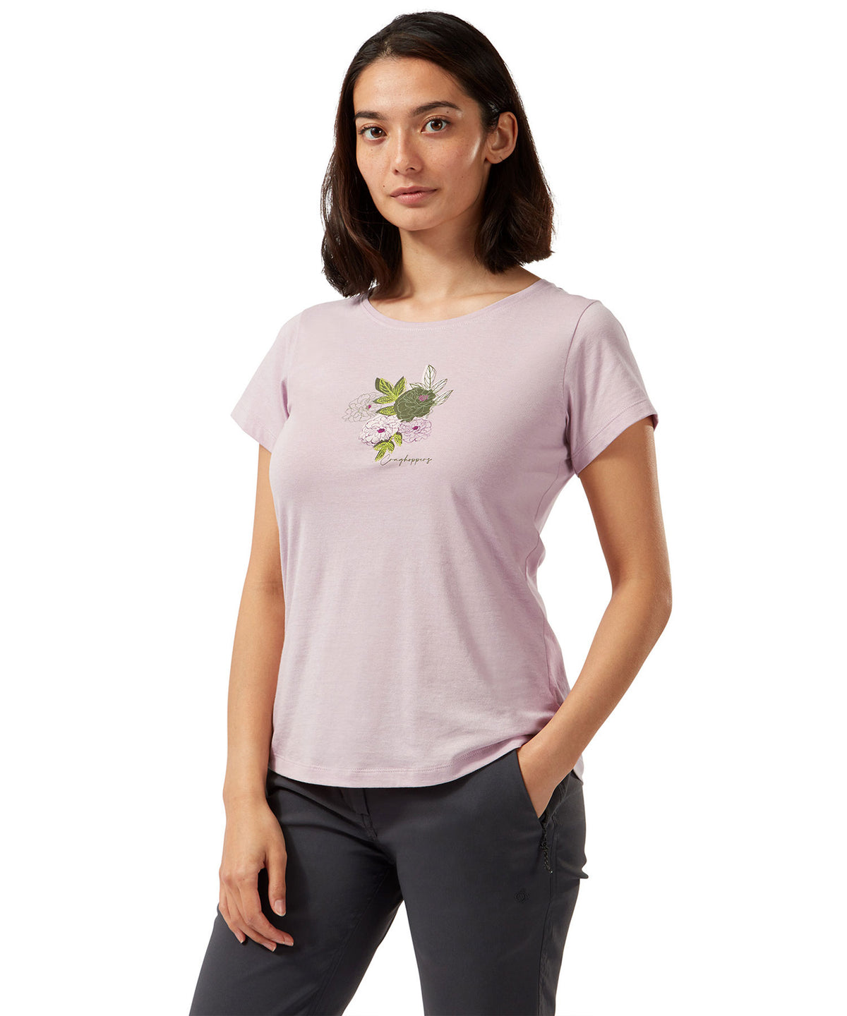 Brushed Lilac Floral Craghoppers Miri Short Sleeve T-Shirt on white background 