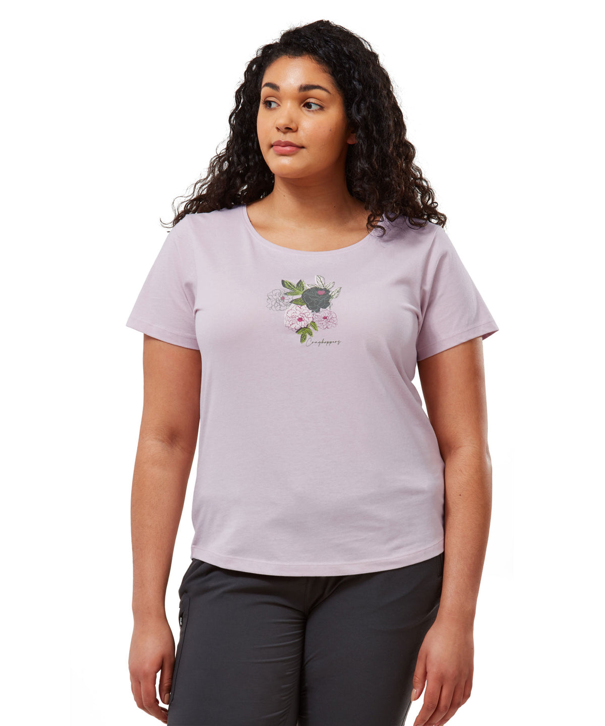 Brushed Lilac Floral Craghoppers Miri Short Sleeve T-Shirt on white background 