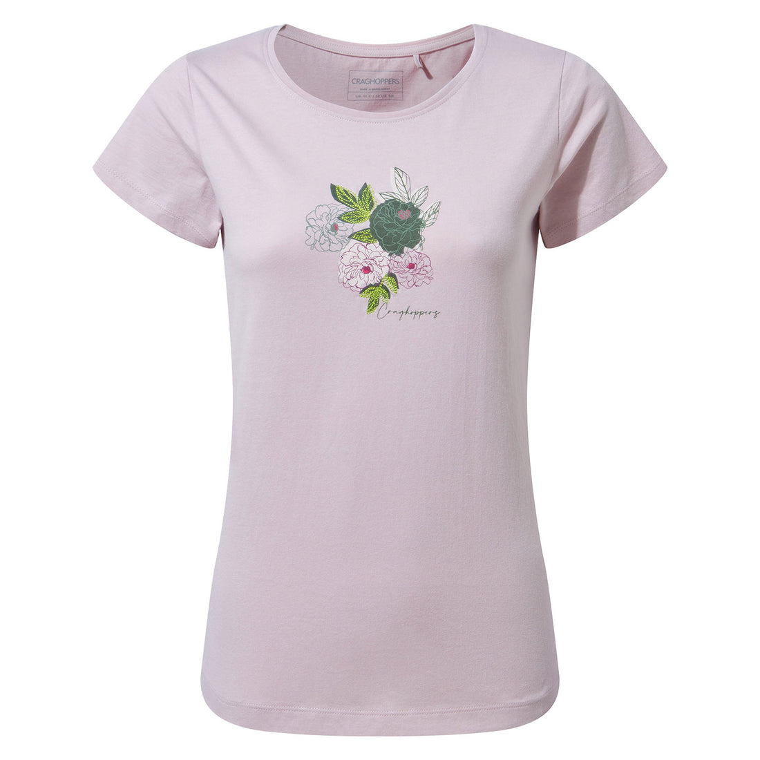 Brushed Lilac Floral Craghoppers Miri Short Sleeve T-Shirt on white background 