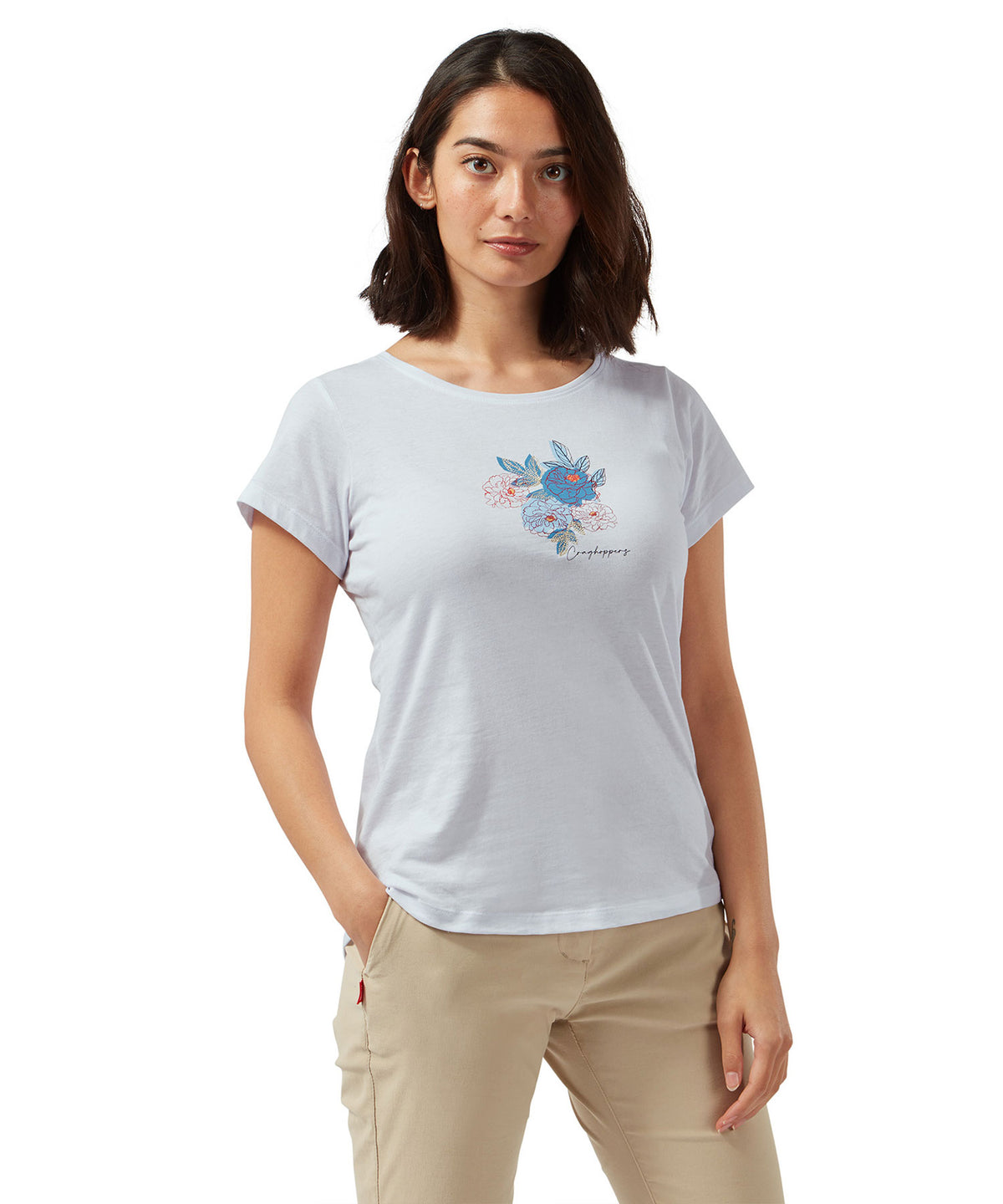 Optic White Floral Craghoppers Miri Short Sleeve T-Shirt on white background 