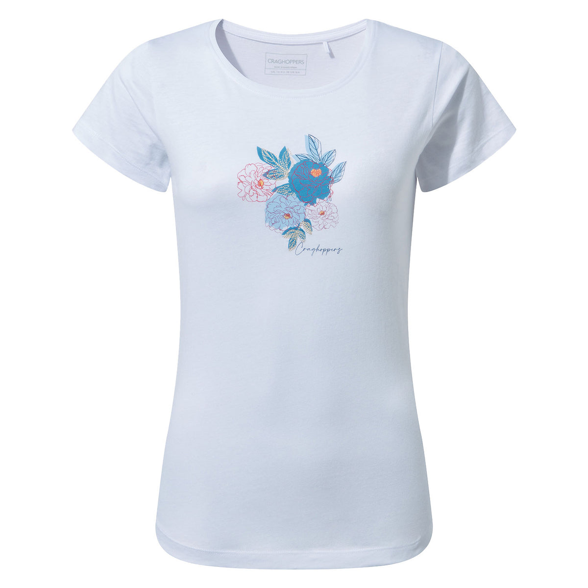 Optic White Floral Craghoppers Miri Short Sleeve T-Shirt on white background 